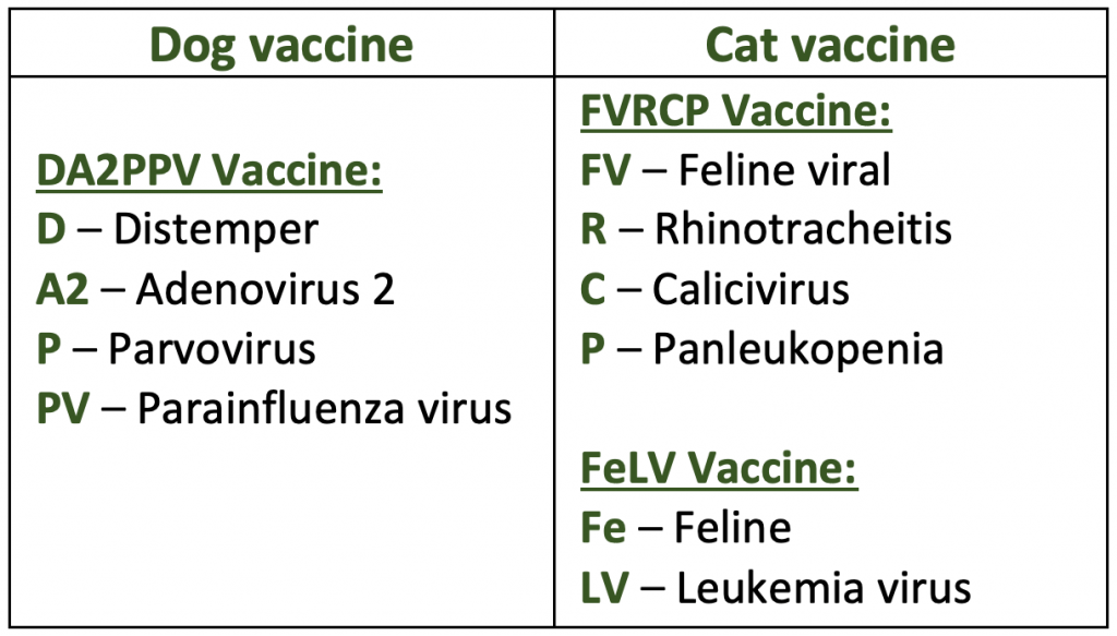 Pet Vaccines Chart